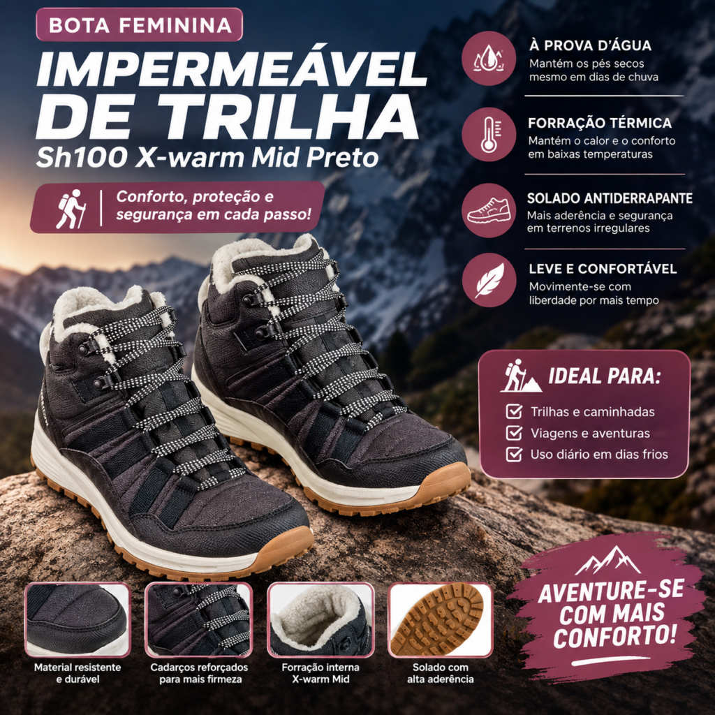 Bota Feminina Impermeável De Trilha Sh100 X-warm Mid Preto