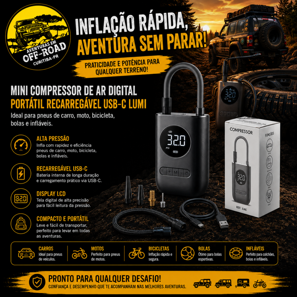 Mini Compressor de Ar Digital Portátil Recarregável USB-C