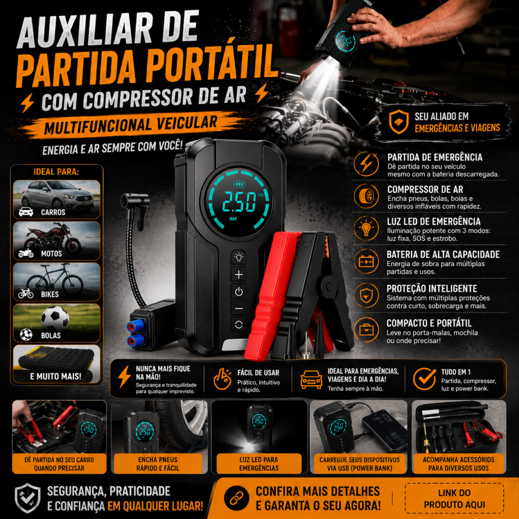 Auxiliar de Partida Portátil com Compressor de Ar – Multifuncional Veicular
