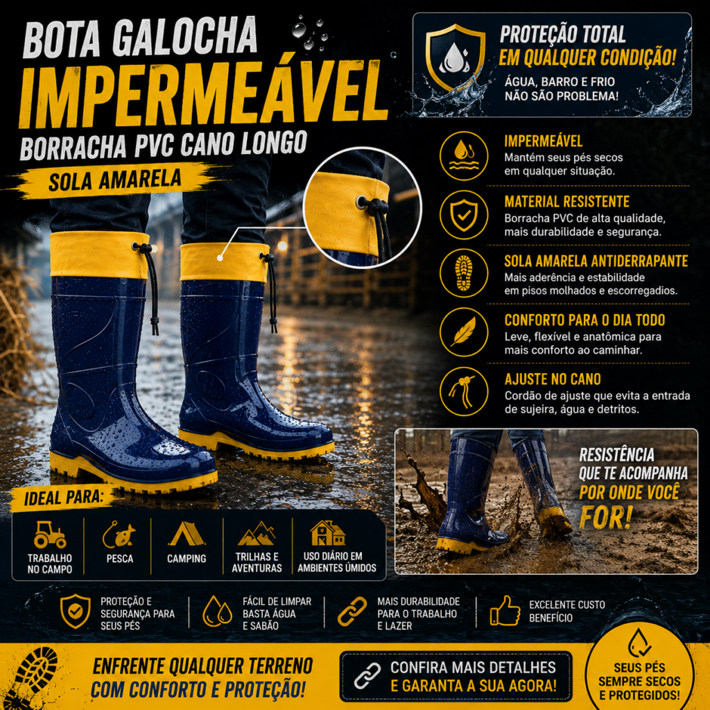 Bota Galocha Impermeável PVC Cano Longo – Sola Amarela
