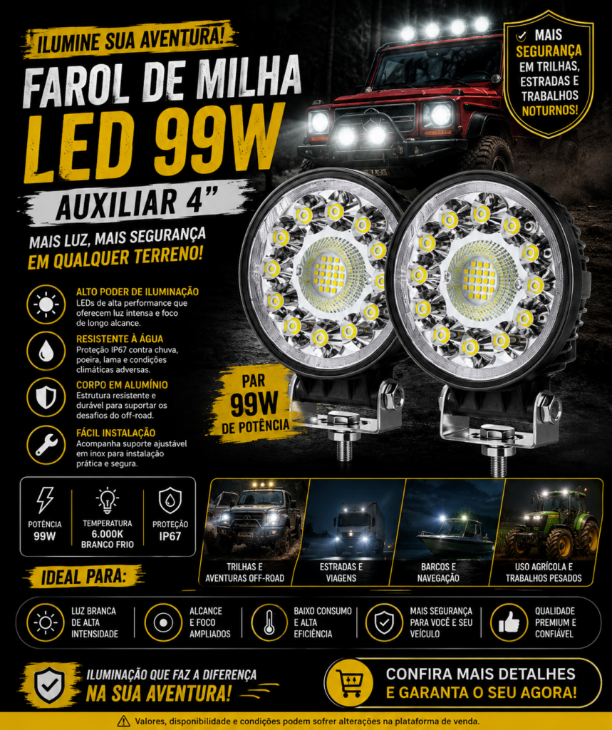 Par Farol De Milha Led 99w Auxilar Caminhão Barco Off Road