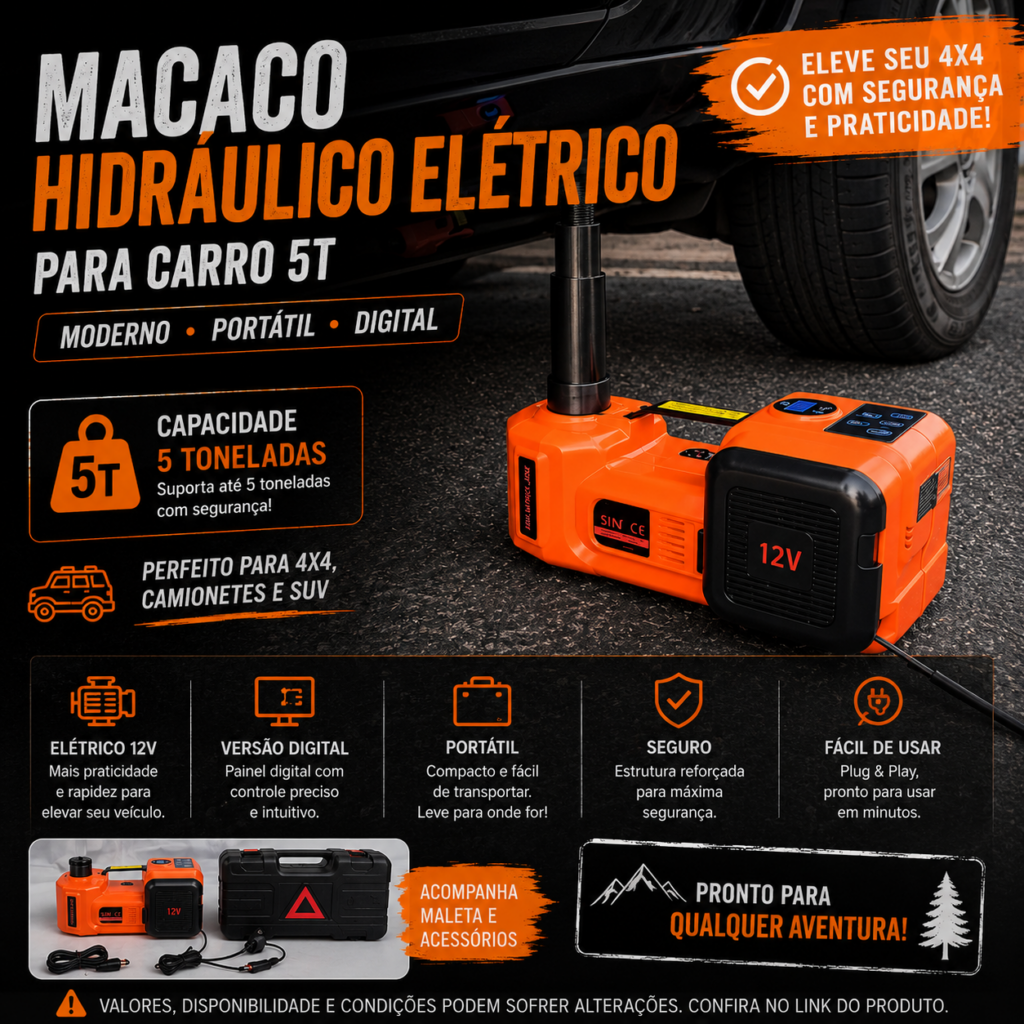Macaco Hidráulico Elétrico Para Carro 5t Moderno Portátil Versão Digital