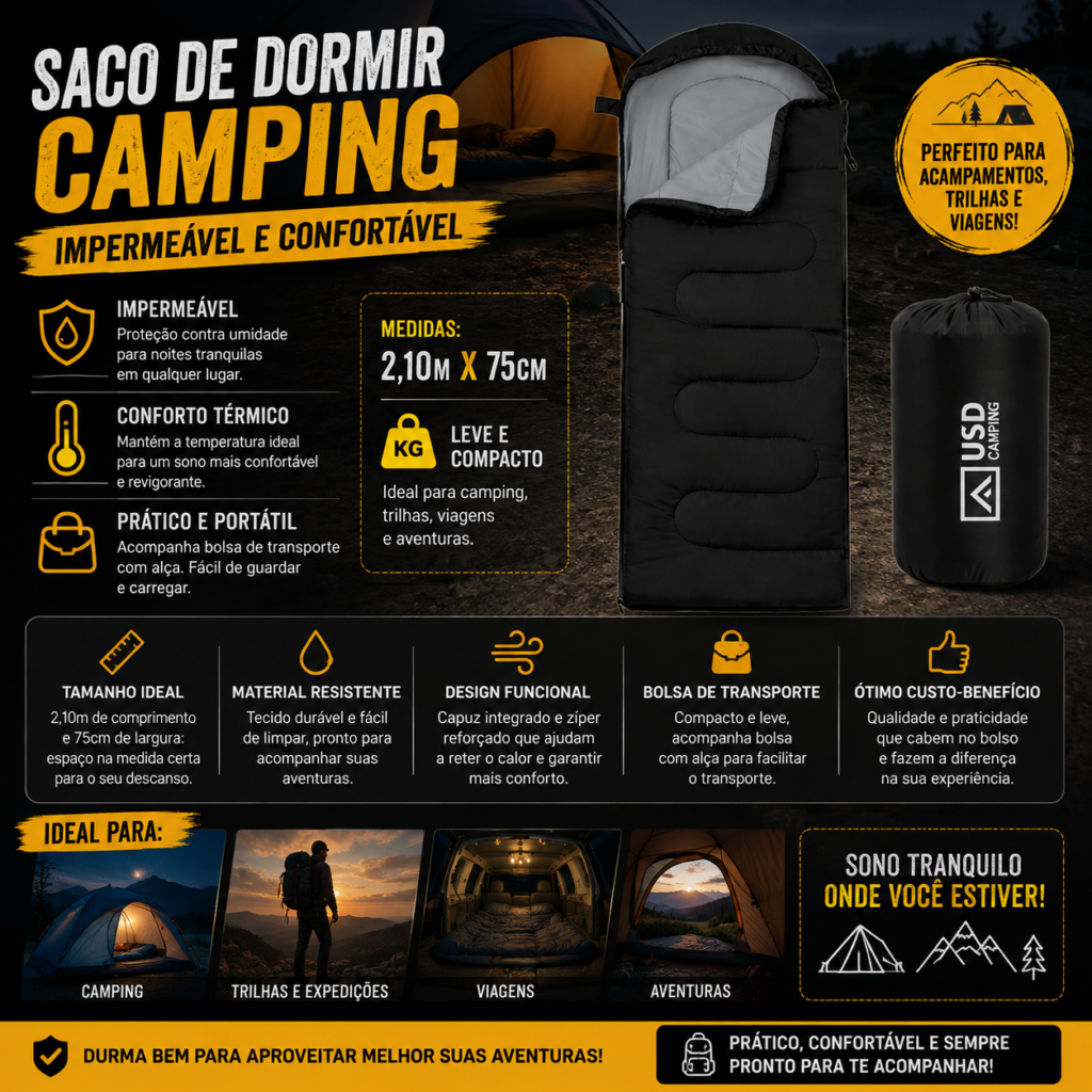 Saco De Dormir Camping Impermeável Usd Confortável 2,10m X 75cm C/ Bolsa De Transporte Cor Preto