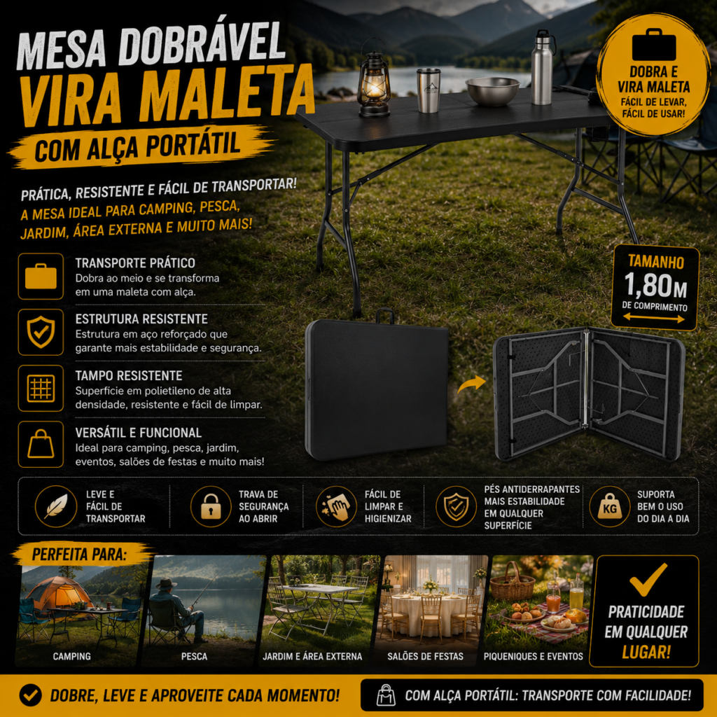 Mesa Dobrável Vira Maleta Com Alça Portátil 1.80m Para Camping